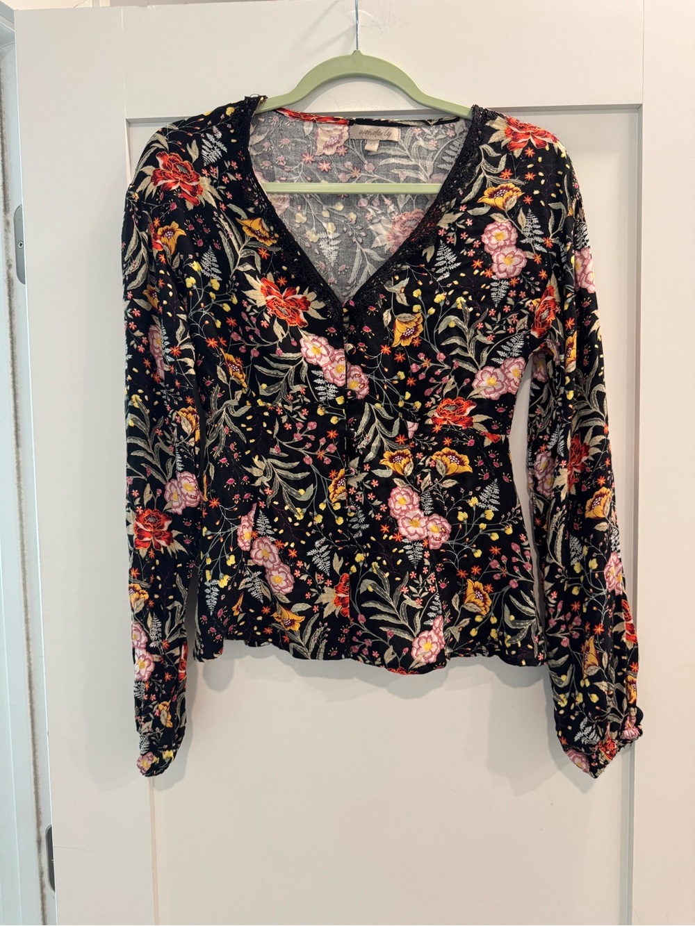 Wonderly Black Floral V-Neck Long Sleeve Blouse